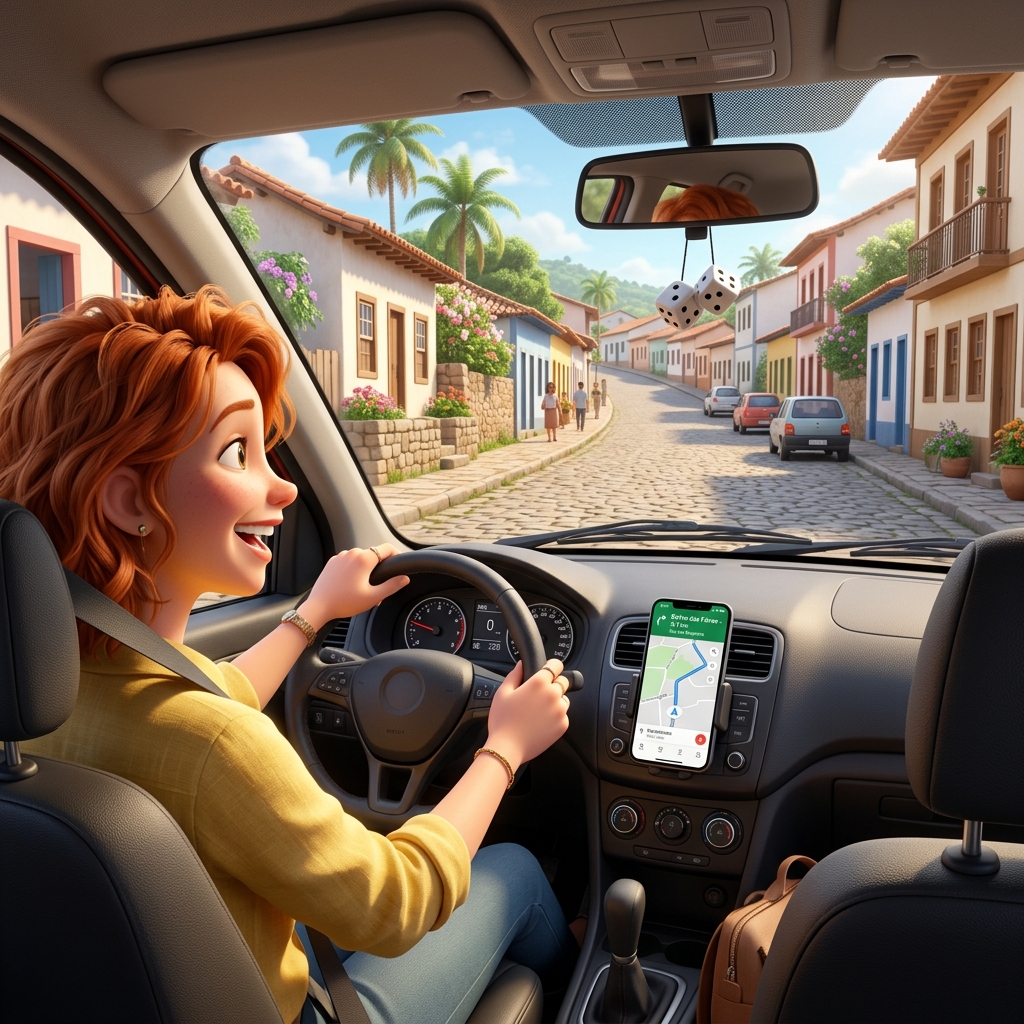 Motorista feliz dentro do carro com o aplicativo no painel